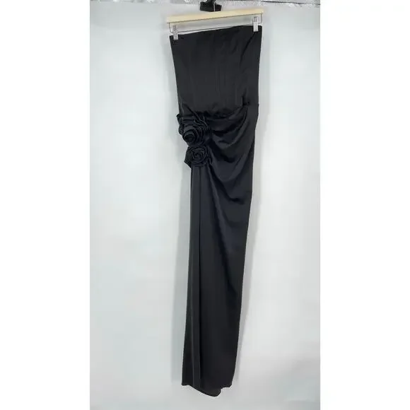 NBDNWT Jake Gown in Black Satin Strapless Corset Maxi Dress Rosette XS
